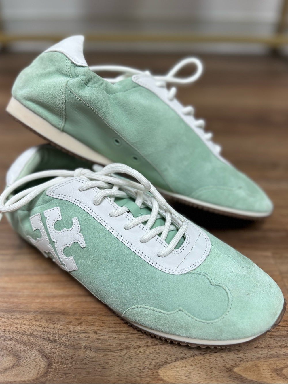 Tory Burch Mint Green Suede Leather Sneakers Size 9 NWOB